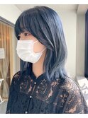 ダークアッシュ×暗めカラー×くすみブルー×ボブルフ