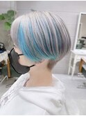 ホワイトシルバー/ターコイズブルーのデザ/インカラーショート