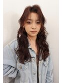 赤茶ロングレイヤーカールヘアレッドブラウンカラー