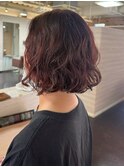 切りっぱなしボブウェーブミディアム赤茶ピンクブラウン