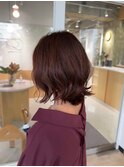 ミディアム ボブ ピンクベージュ 波巻き