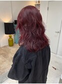 レッドカラーワインレッド暖色カラー赤髪ブリーチなしレイヤー