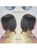 ステップボーンカットカットボブショートハイライト白髪ぼかし