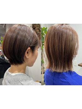 ダメージレスで発色の良さに定評♪ショートボブ×白髪染めカラーで、今までにない艶やかな仕上がりに◇