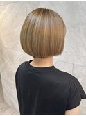 大人かわいい小顔薄めバングハイライトカラーオリーブカラー
