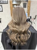 バレイヤージュ、ハイライト、レイヤーロング、グレーベージュ