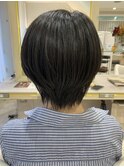 大人かわいい前髪ありショート黒髪ショートボブ30代40代50代