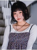 ボブパーマ×黒髪オン眉【岡山】ショートレイヤーゆるふわパーマ