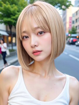 ムウ 難波(MOU) ナチュラルボブルフ黒髪ネビージュ小顔ワンレン20代30代40代