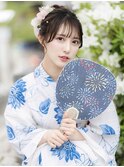 【浴衣】花火大会　浴衣レンタル　ヘアセット　ポニーテール