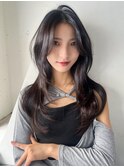 グレージュ暗めカラー顔周りレイヤーロング韓国ヘア_F21075