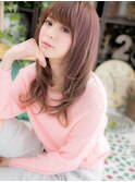 斜めバングピンクカラー前下がりストカールh北浦和20代30代40代