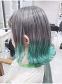 インナーカラー　毛先ビビッドカラー　ミントグリーンカラー