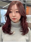 ダブルカラーチェリーレッドピンクブラウン韓国レイヤーロング