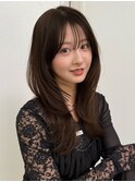 ロングレイヤーショコラグレージュ顔周り前髪カットハッシュ