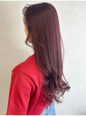 ブリーチなし暖色カラーチェリーレッド＊コテ巻きロングヘア