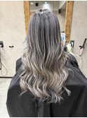 バレイヤージュ、ハイライト、レイヤーロング、グレーベージュ