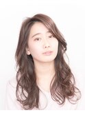 黒髪/グレーベージュ/レイヤーロング/前髪パーマ/銀座