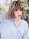 くすみベージュぱっつん前髪韓国風ボブパーマc6大宮10代20代30代