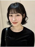 ボブパーマ/黒髪/黒髪パーマ/シースルーバング