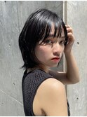 黒髪ボブくせ毛多毛ロブ外ハネストレートオイル仕上げウェット夏