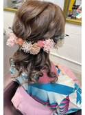 袴 花飾り トップ カール  ハーフアップ ヘアアレンジ