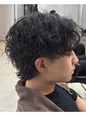 波巻きパーマ/センターパートウルフ/波巻きスパイラルパーマ/