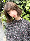 アッシュカラー 流しバング ゆるふわ