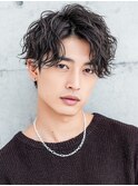 シンプル黒髪くせ毛風スパイラルパーマ/ツーブロック
