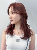 美髪顔周りレイヤーチェリーブラウンロング_ba529152