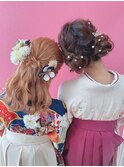 ウェーブ/三つ編みハーフアップ/ツインお団子/卒業式ヘア/袴ヘア