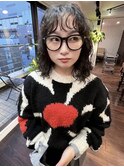黒髪グレーベージュレイヤーロングアッシュカラー前髪パーマ