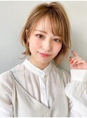 ボブルフ大人かわいいピンクベージュ薄めバングくびれモテ髪