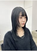レイヤースタイル/ミディアム/顔まわりレイヤー/ブルーブラック