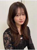 ロングレイヤーショコラグレージュ顔周り前髪カットハッシュ