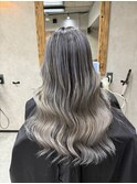 バレイヤージュ、ハイライト、レイヤーロング、グレーベージュ