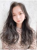 ダークアッシュセミロング×かきあげバング