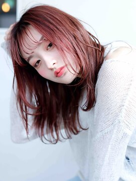 ヘアメイク アージュ 天神西通り店(HAIR MAKE age) チェリーピンク　シースルーバング　顔周りレイヤー　韓国風