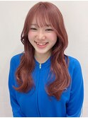 ハイトーンロングレイヤーコーラルピンク前髪イメチェン10代20代