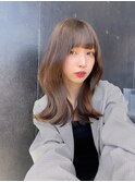 小顔薄めバンググレージュレイヤーロング前髪パーマ黒髪
