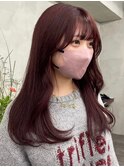 切りっぱなしボブ顔まわりレイヤーピンクブラウン
