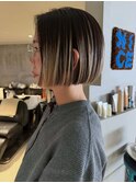 夏カラー◎ハイライト×ミニボブ切りっぱなし小顔ボブ