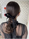 編みおろし ヘアセット タイトヘア お呼ばれ ベロアリボン