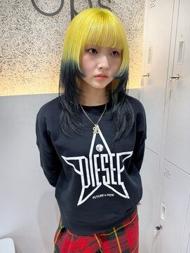 オプス 大名店(Ops) ☆前髪ぱっつん個性派!イエロー×ブラックルーツカラー