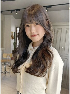 ロング韓国ヘアレイヤーカット前髪カットミルクティーブラウン