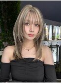 原宿ハッシュカットミディアムレイヤーカットデザインカラー前髪