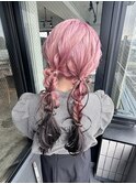 ホワイトピンク グレー ルーツカラー 編みおろしツイン