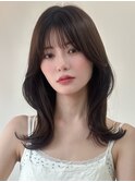 暗髪韓国ヘアミディアムくびレイヤーカットオリーブブラウン