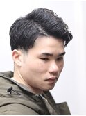 メンズビジネスアイロンパーマ七三パート爽やかアップバング黒髪