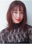 ハッシュカットフルバングレッドブラウンこなれミディ
